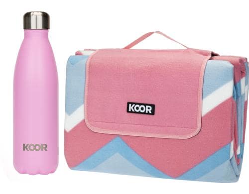 KOOR Picknickd.200x200 cm+Trinkflasche KIT Decke: 200x200 cm rosa, Flasche: 0.5 Liter
