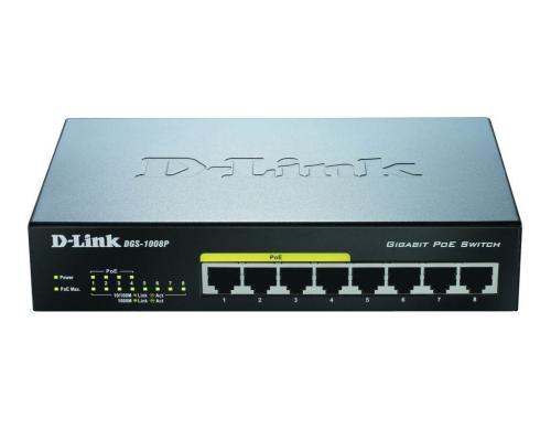 D-Link DGS-1008P/E: 8 Port PoE-Switch 4x PoE mit 15.4W, 1Gbps, ext. NT