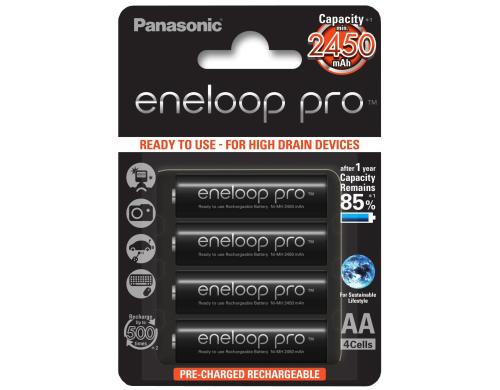 Panasonic eneloop pro BK-3HCDE/4BE, 4er Pack AA, 2500 mAh, 1.2V, vorgeladen,