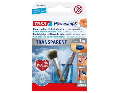 Tesa Powerstrips Transparent LARGE, 8 Strips, maximaler Halt: 1kg