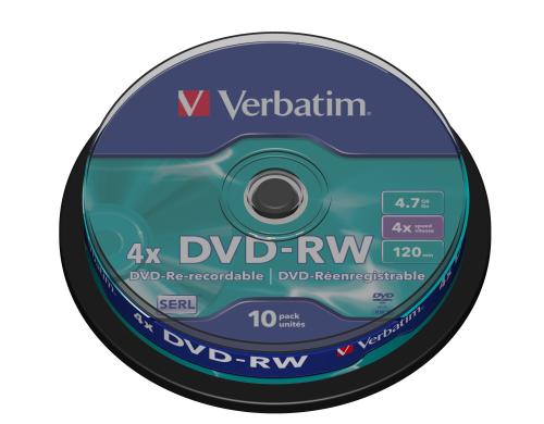 Verbatim DVD-RW 4.7GB, 10er Pack Spindel bis 4-fach, nicht bedruckbar, mit Logo
