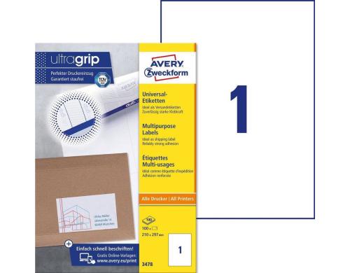 Avery Zweckform Etiketten A4, 210x297mm Packung zu 100 Blatt / 100 Etiketten