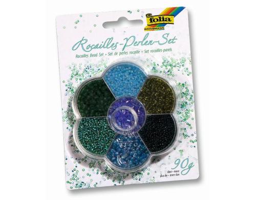 Folia Rocailles-Perlen blau/grn Packung  90g, Nylonfaden, 3 Verschlsse