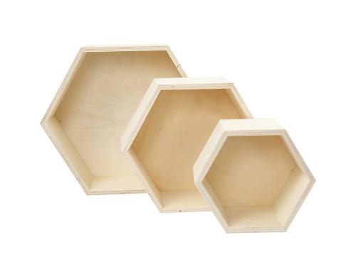 Creativ Company Holz Wandregal Hexagonal 3 Stck, H: 14.8 + 19 + 24.2 cm, T: 10 cm