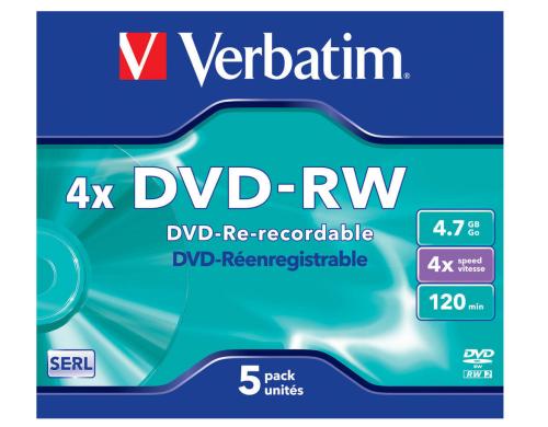 Verbatim DVD-RW 4.7GB, 5er Jewel Case bis 4-fach, nicht bedruckbar, mit Logo