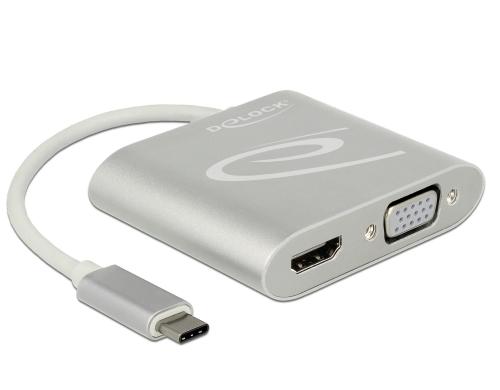 Monitor Splitter USB Typ-C  zu DP/HDMI/VGA Silber, bis 2 Monitore gleichzeitig