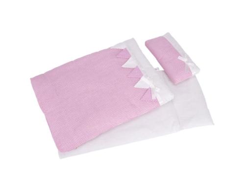 Goki Puppenbettzeug rosa Streifen Kissen= 22 x 10 cm, Oberbett= 41 x 31 cm