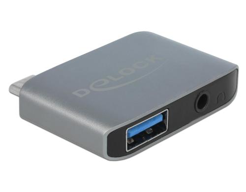 Delock USB-C Soundadapter, 3.5mm, USB-A 3.0 44.1Khz, Stereo, Integrierte 1 Port USB-Hub