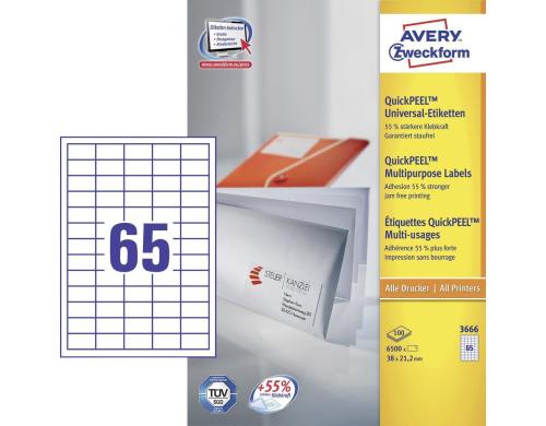Avery Zweckform Etiketten A4, 38x21.2mm Packung zu 100 Blatt / 6500 Etiketten