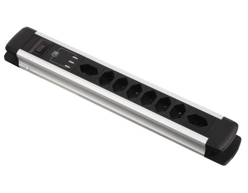 Schnenberger ALU Steckdosenleiste 8xT13, 3xUSB mit Schalter, sz/alu, 2m Kabel