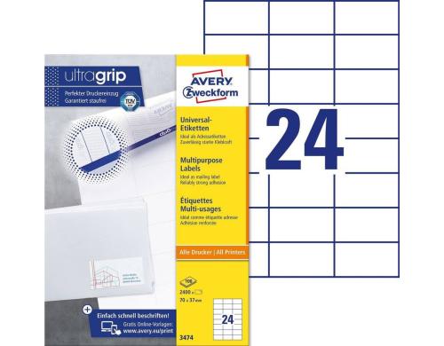 Avery Zweckform Etiketten A4, 70x37mm Packung zu 100 Blatt / 2400 Etiketten