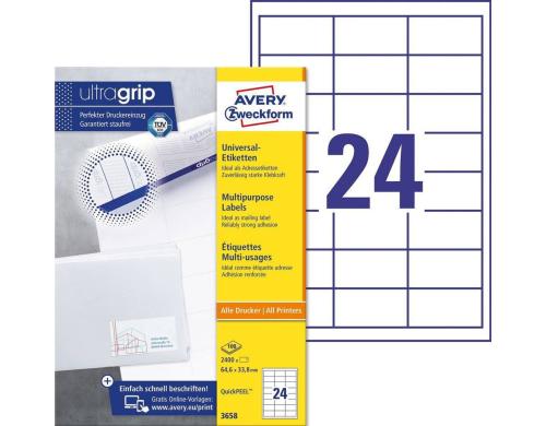 Avery Zweckform Etiketten A4, 64.6x33.8mm Packung zu 100 Blatt / 2400 Etiketten