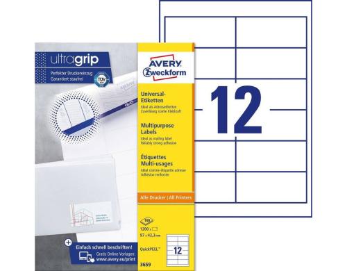 Avery Zweckform Etiketten A4, 97x42.3mm Packung zu 100 Blatt / 1200 Etiketten